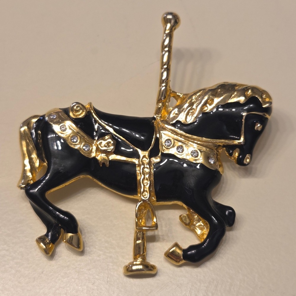 Vintage Carousel Horse Brooch Pin Black Gold Enamel Rhinestone Circus Pony
